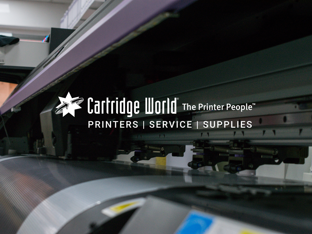 Cartridge World logo over a large format printer.