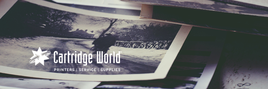 Cartridge World logo with a starburst in front of old photos. Printers, service, and supplies.
