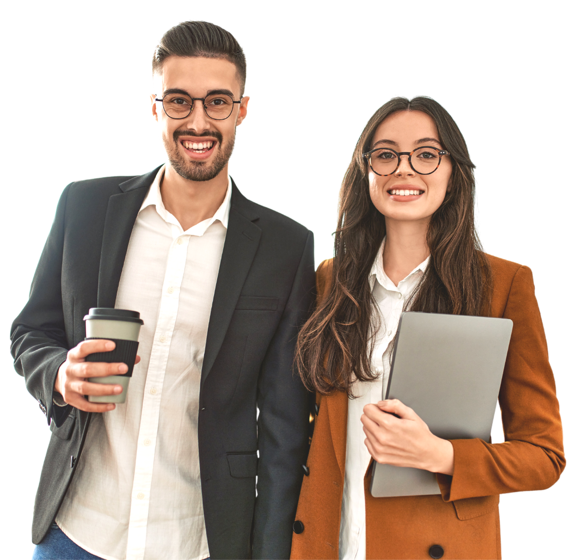 Two business professionals smile, man holds coffee, woman holds laptop. White background.