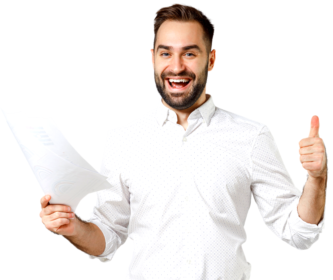 Man holding papers, smiling, giving thumbs up. Wearing white button-down shirt.