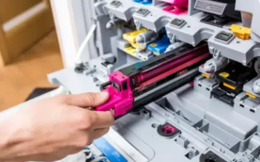 Hand installing a magenta toner cartridge into a color printer.