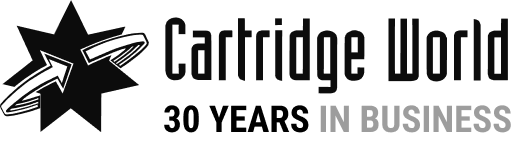 Cartridge World logo with starburst and arrow, text 
