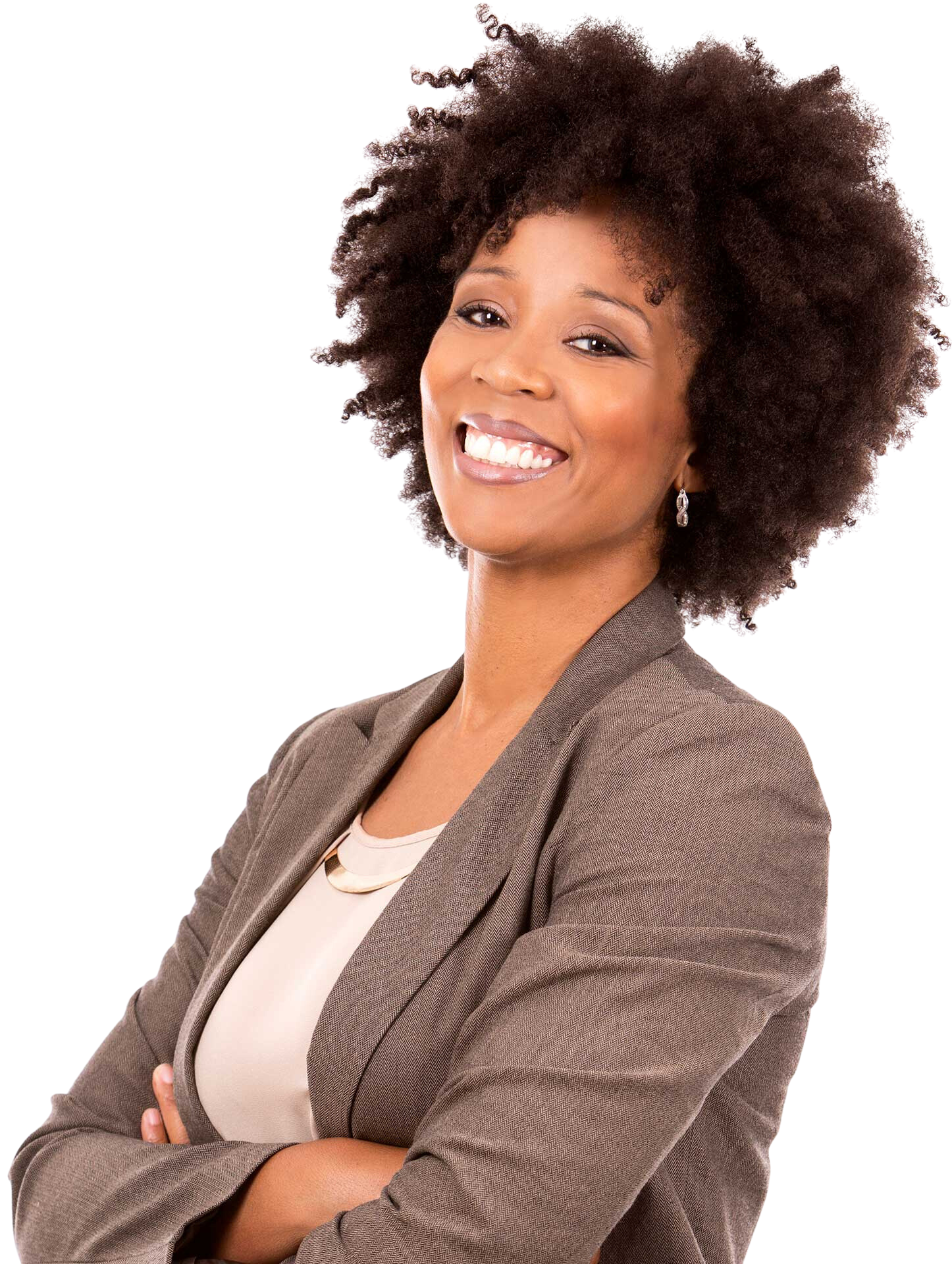 Woman with crossed arms, wearing a blazer, smiling with a white background.