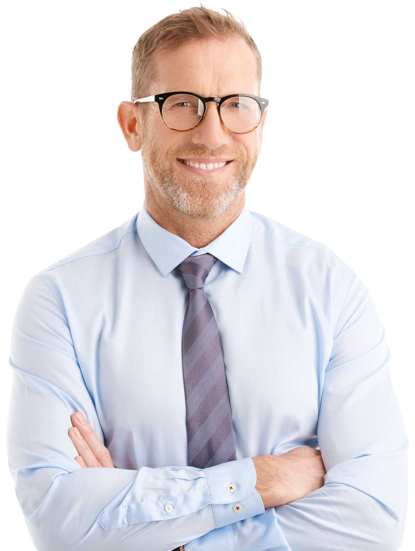 Man with glasses and tie smiling, arms crossed.