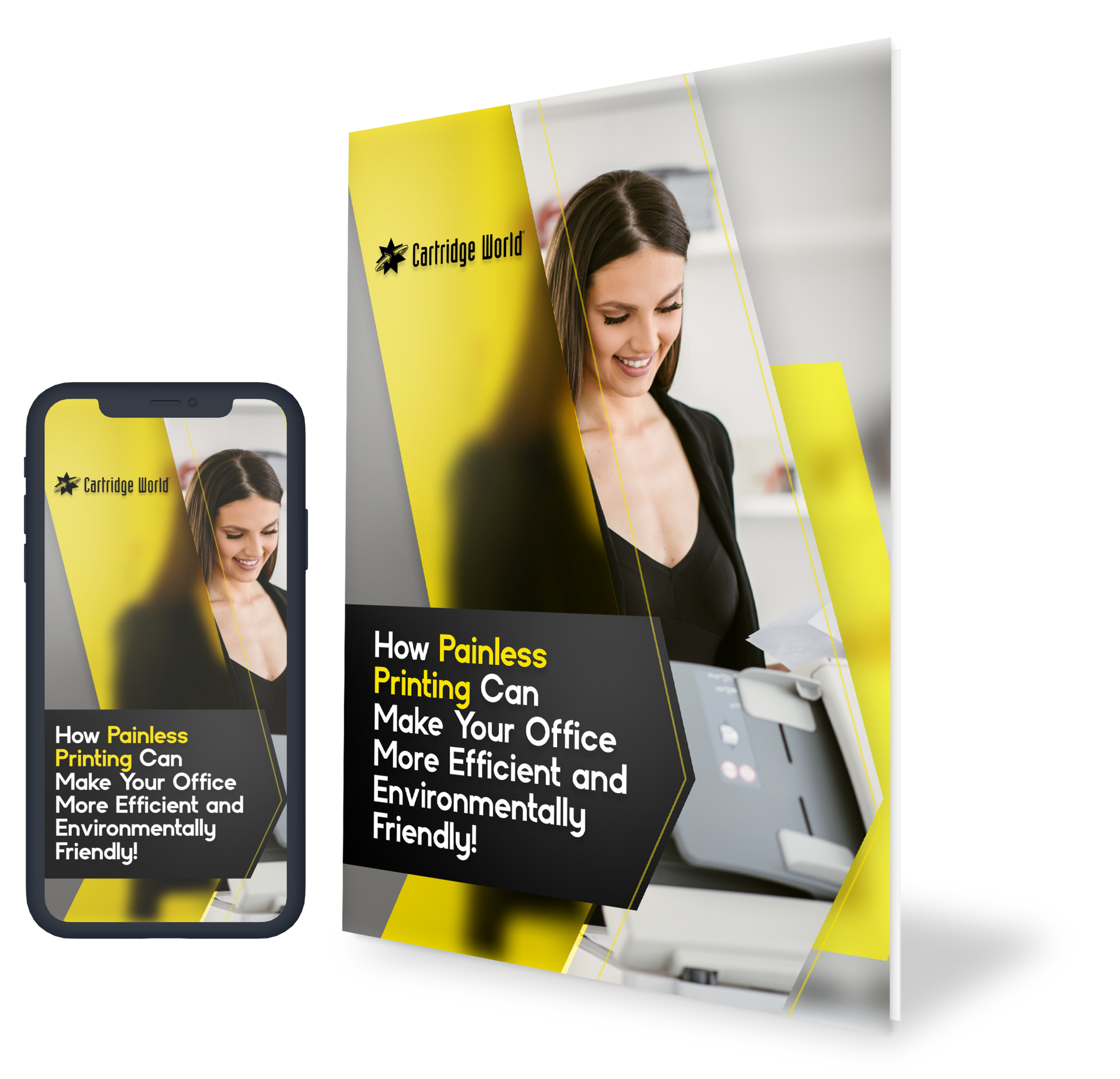 Brochure and phone showing a woman smiling, with text about efficient and environmentally friendly office printing.
