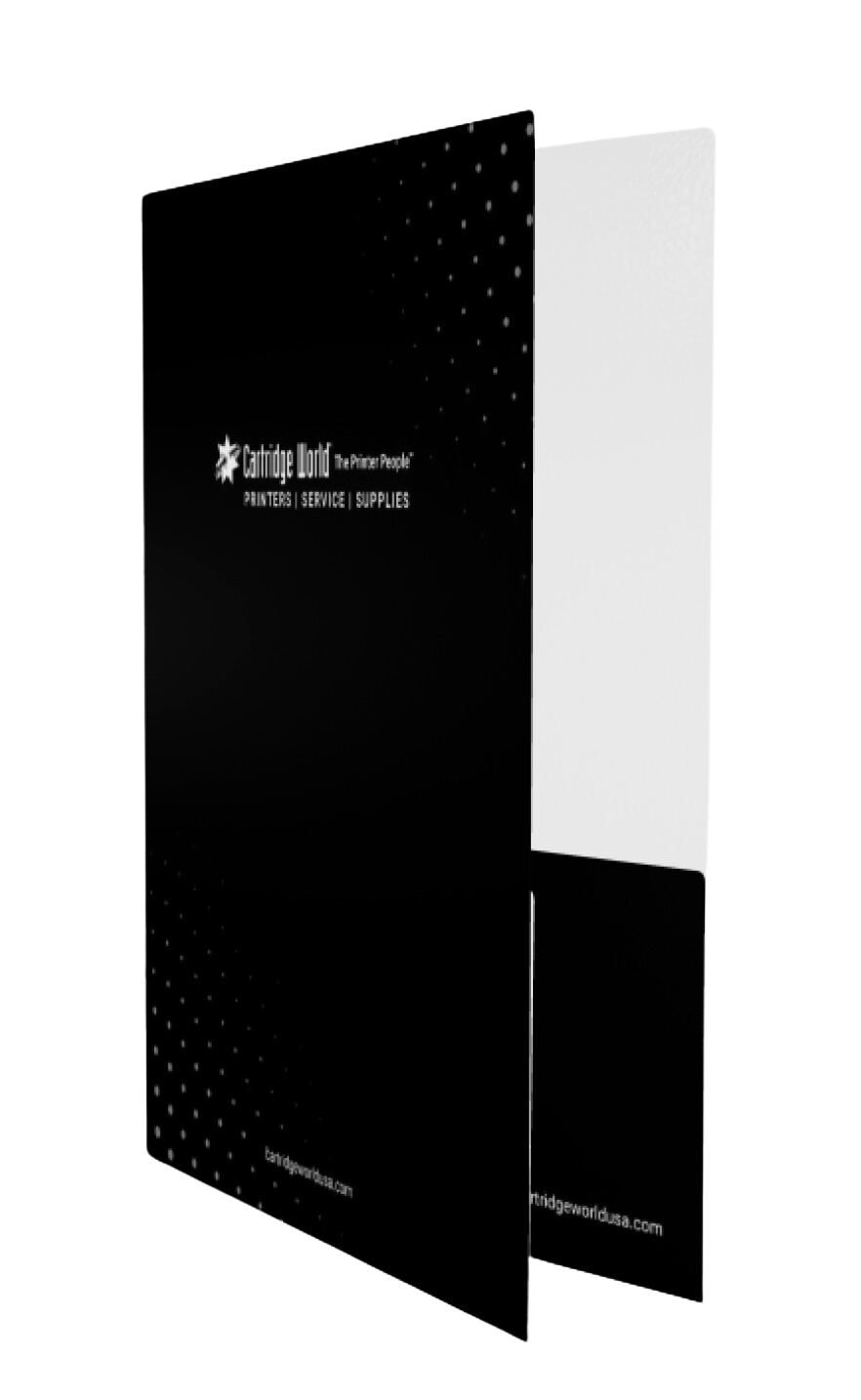 Black presentation folder with logo, open to reveal a white interior and pocket.