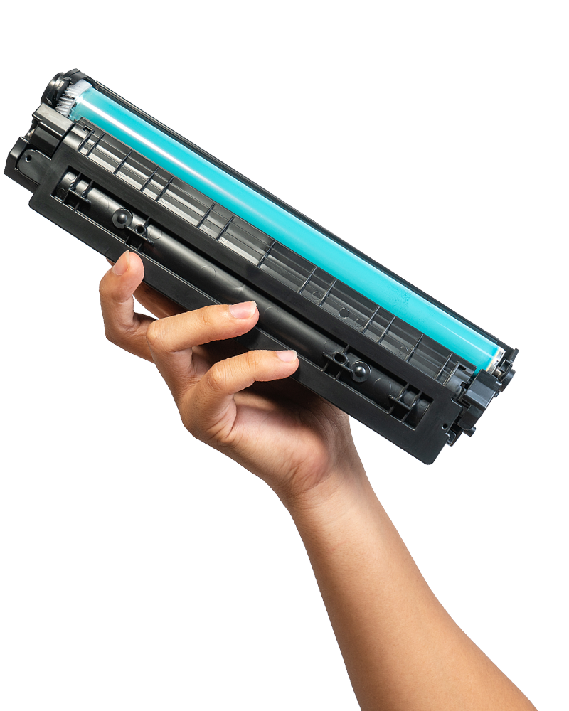 Hand holding a black and turquoise toner cartridge, white background.