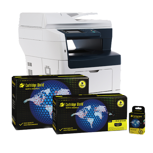 A printer with several Cartridge World toner cartridges, featuring a world map design, on a white background.