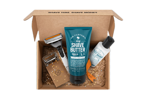 Shave kit box with razor, shave butter, and aftershave; tan, teal, black, white.