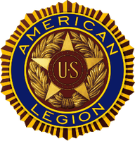 American Legion emblem in gold, blue, and red with a central U.S. shield