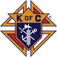 Knights of Columbus emblem with gold, blue, and red geometric design and shield with crossed symbols