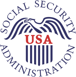 Social Security Administration logo with red USA shield and blue stripes, surrounded by text on white background