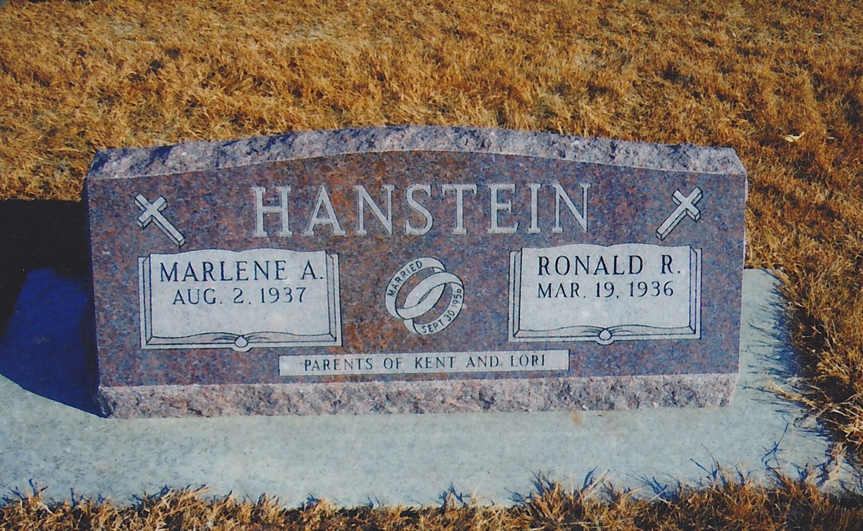 Hanstein family gravestone with engraved names and dates in a grassy cemetery setting