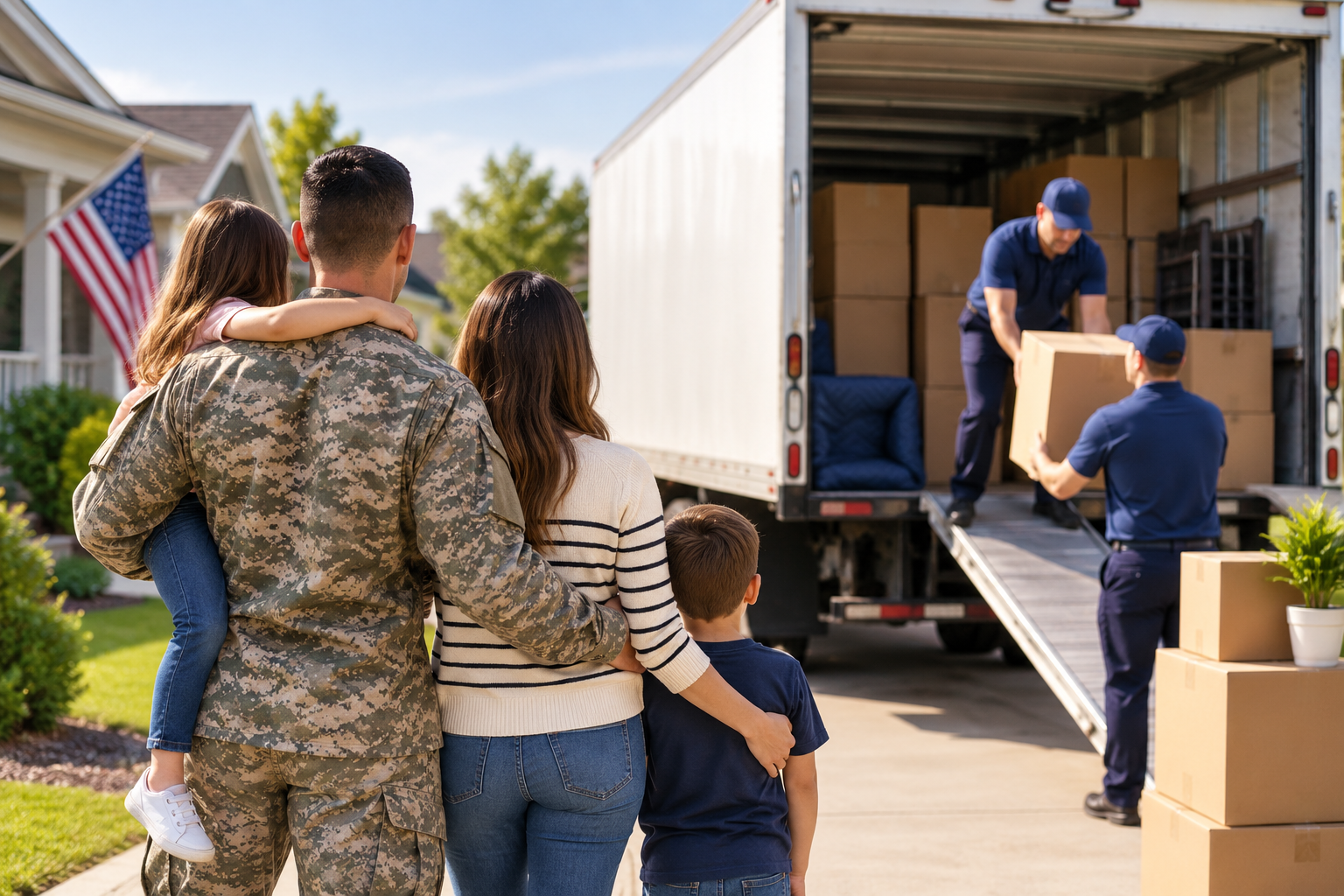Family carrying boxes toward a moving truck as movers load furniture on a sunny suburban street