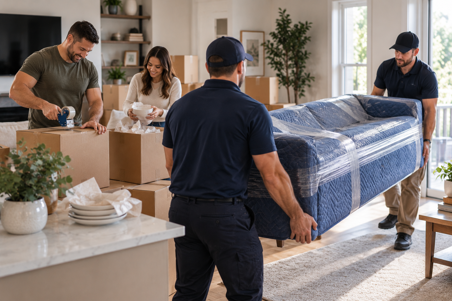 Movers carrying a blue wrapped sofa through a bright living room with boxes nearby