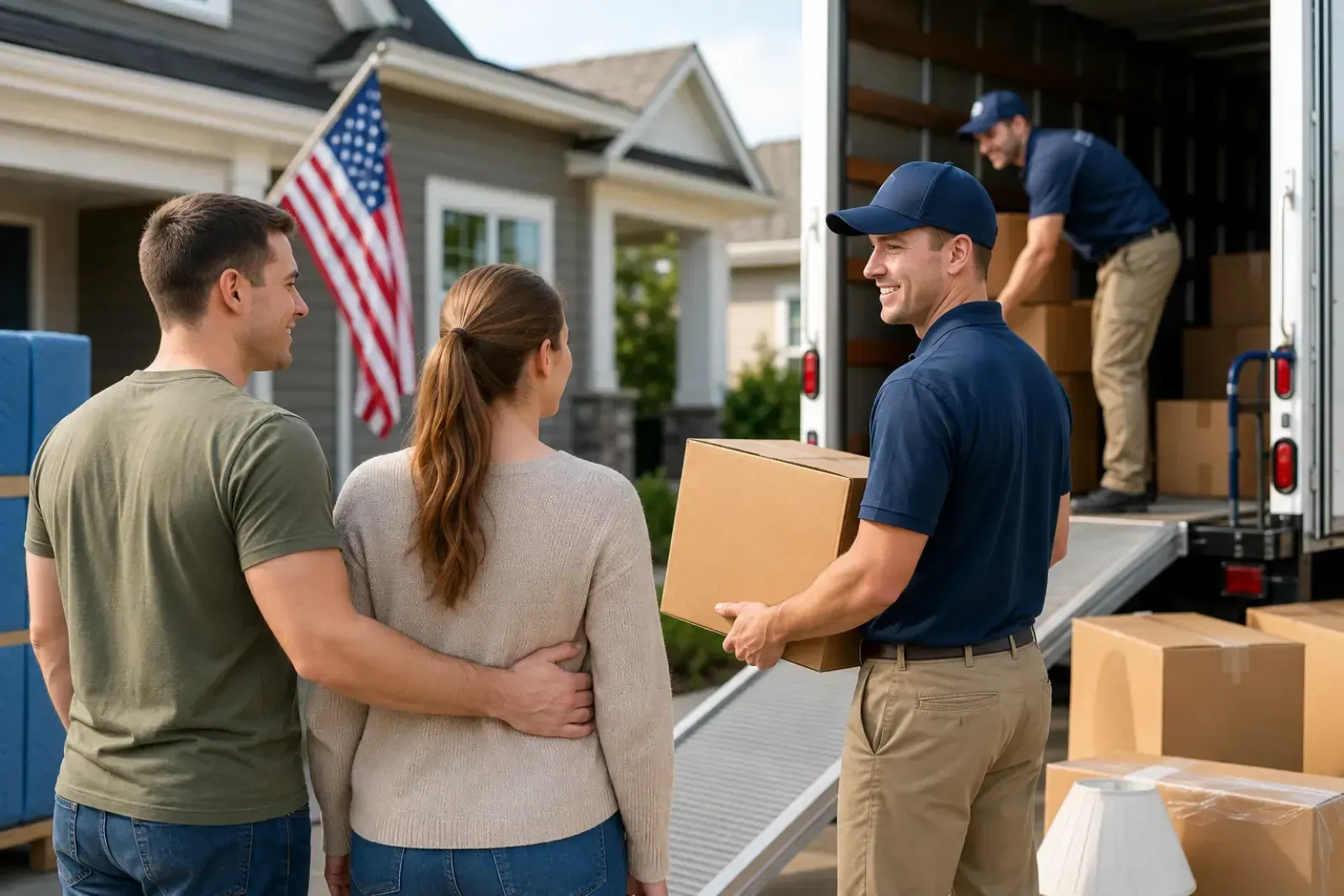 Moving truck unloading boxes as a couple greets movers outside a suburban home