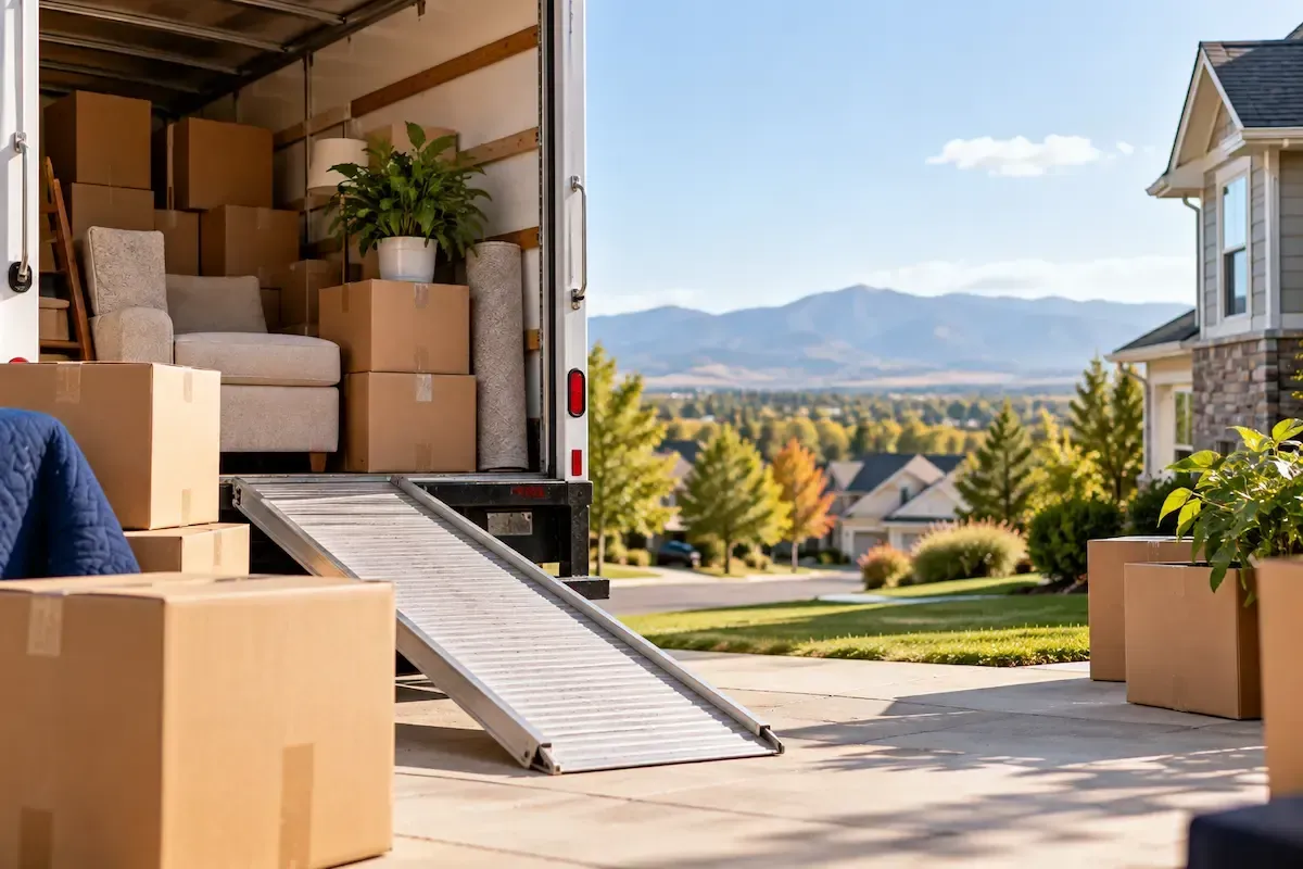 Moving truck with boxes and ramp in driveway, overlooking a suburban neighborhood and mountains.