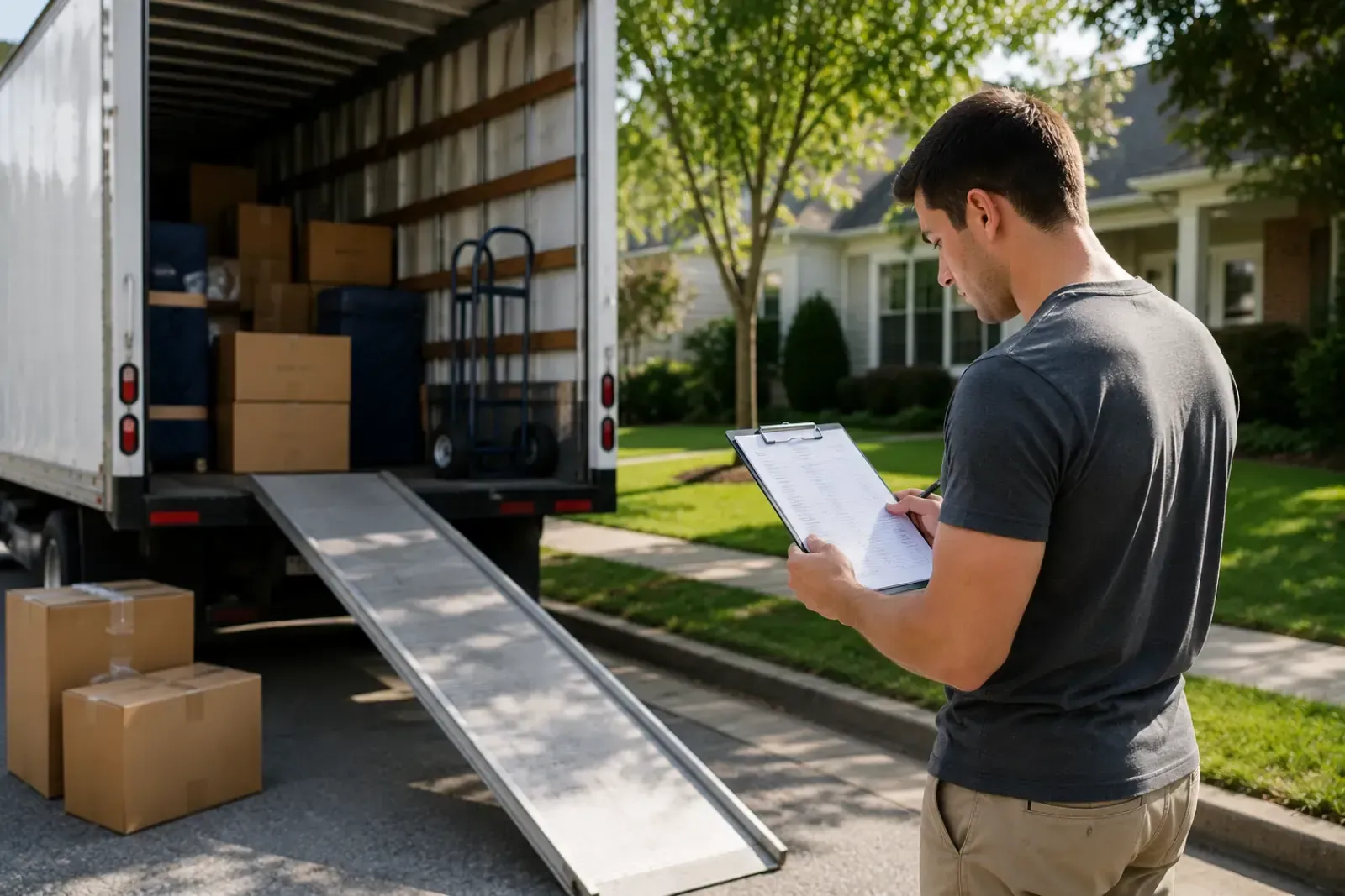 Mover unloading boxes from a truck with a ramp while holding a clipboard outside a house