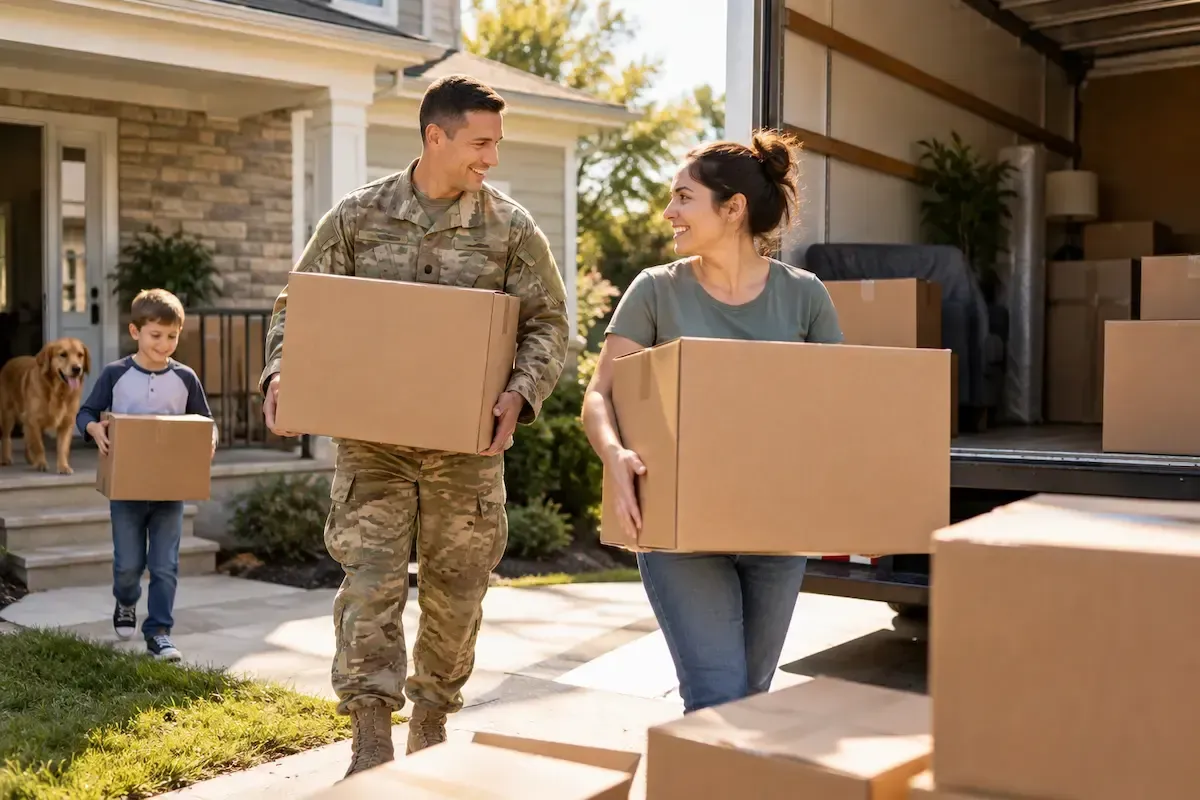People carrying boxes out of a house during a move