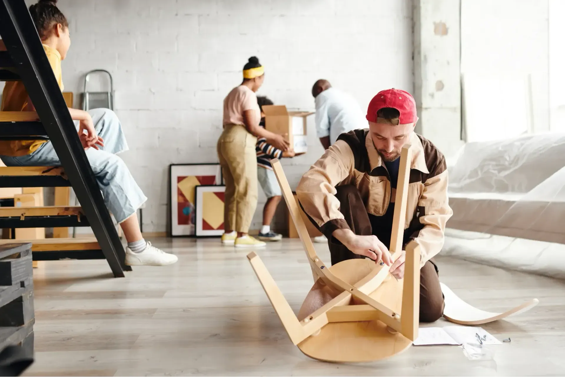 A man is sitting on the floor assembling a wooden chair.