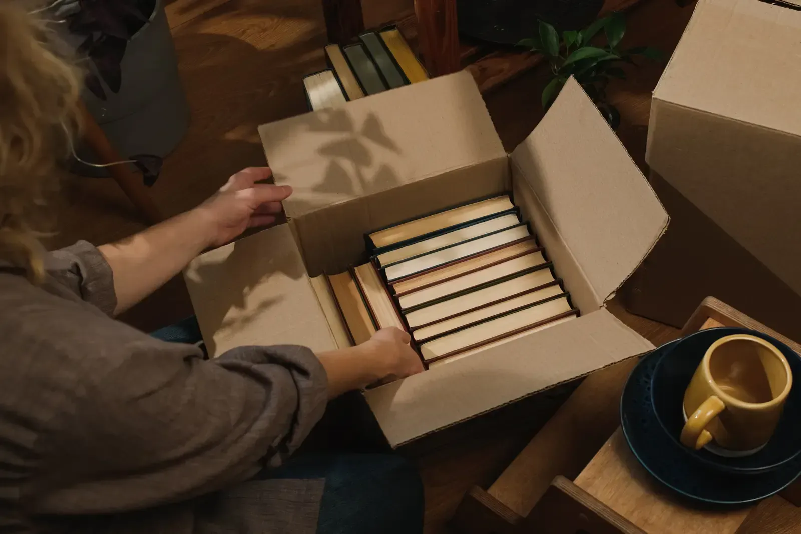 Person packing books into a cardboard box on the floor. Dishes and plants are nearby.