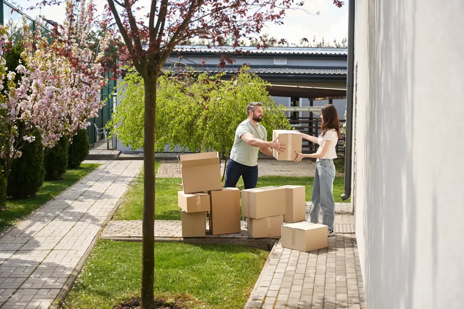 Two people loading cardboard boxes beside a white wall in a sunny yard with a tree and pathway