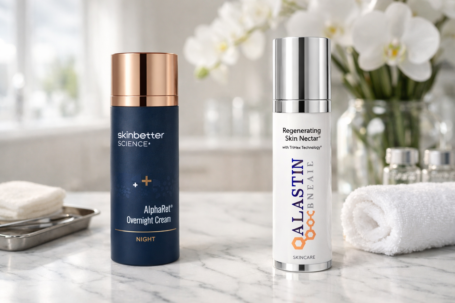 On the left side is a dark blue cylindrical bottle of Skinbetter Science AlphaRet Overnight Cream. On the right side is a white and silver bottle of Alastin Skincare Regenerating Skin Nectar.