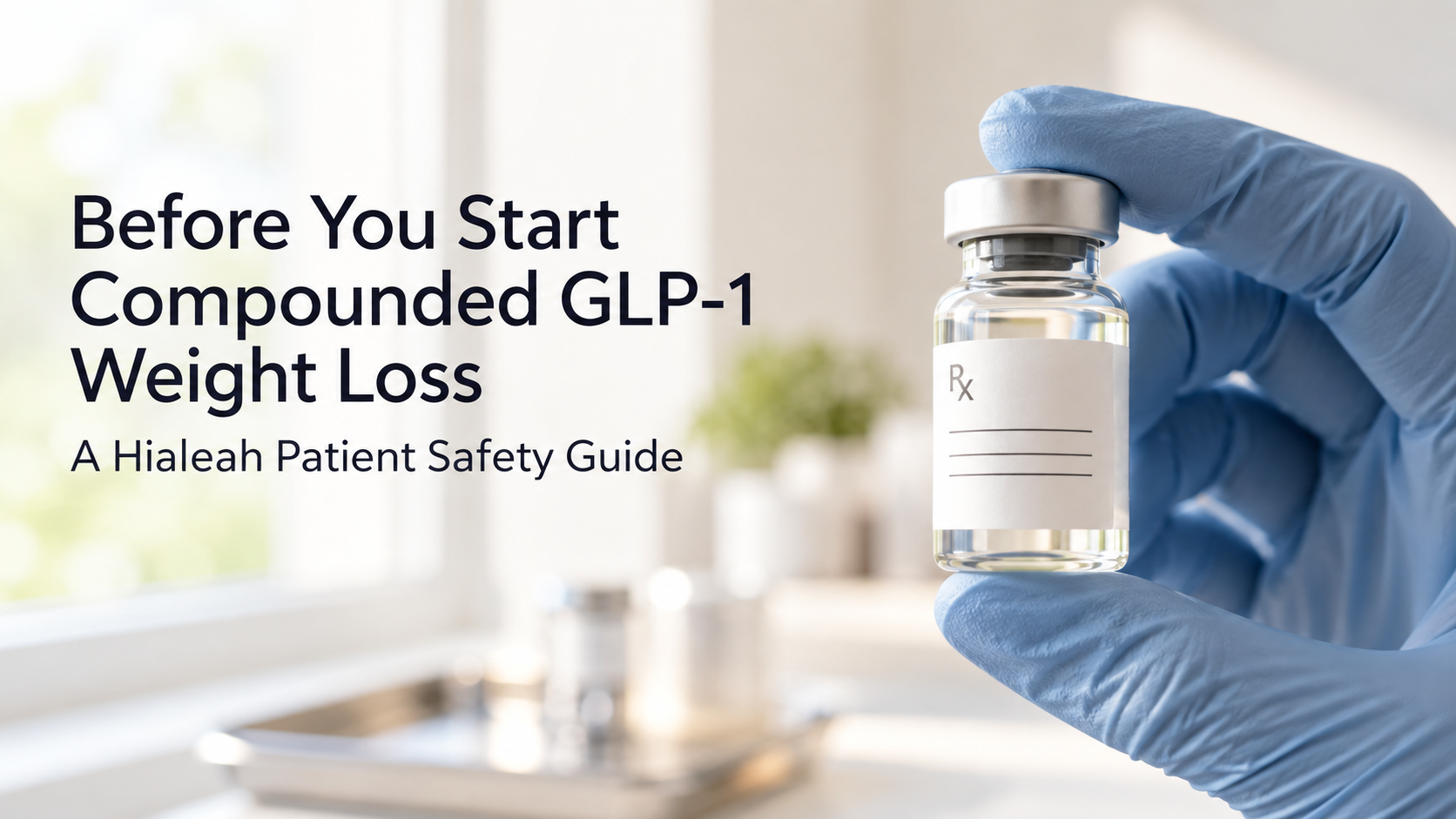 Gloved hand holding labeled medication vial representing compounded GLP-1 weight loss safety in Hial