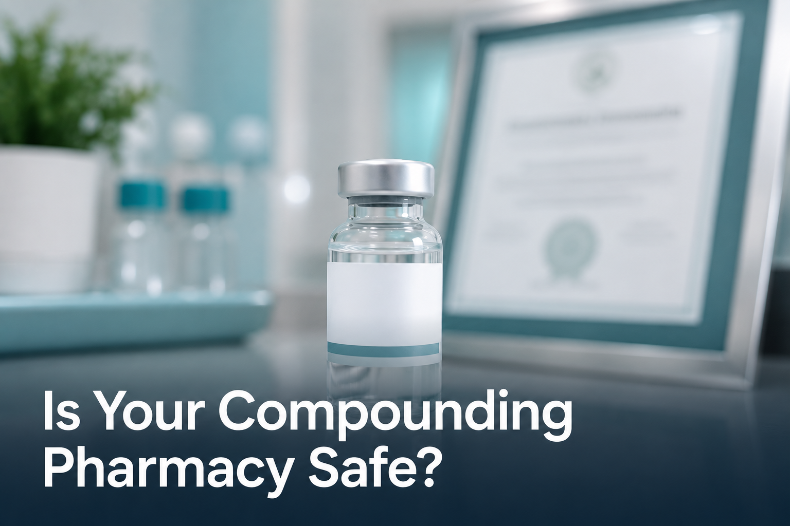Compounding pharmacy safety cover image with labeled medication vial
