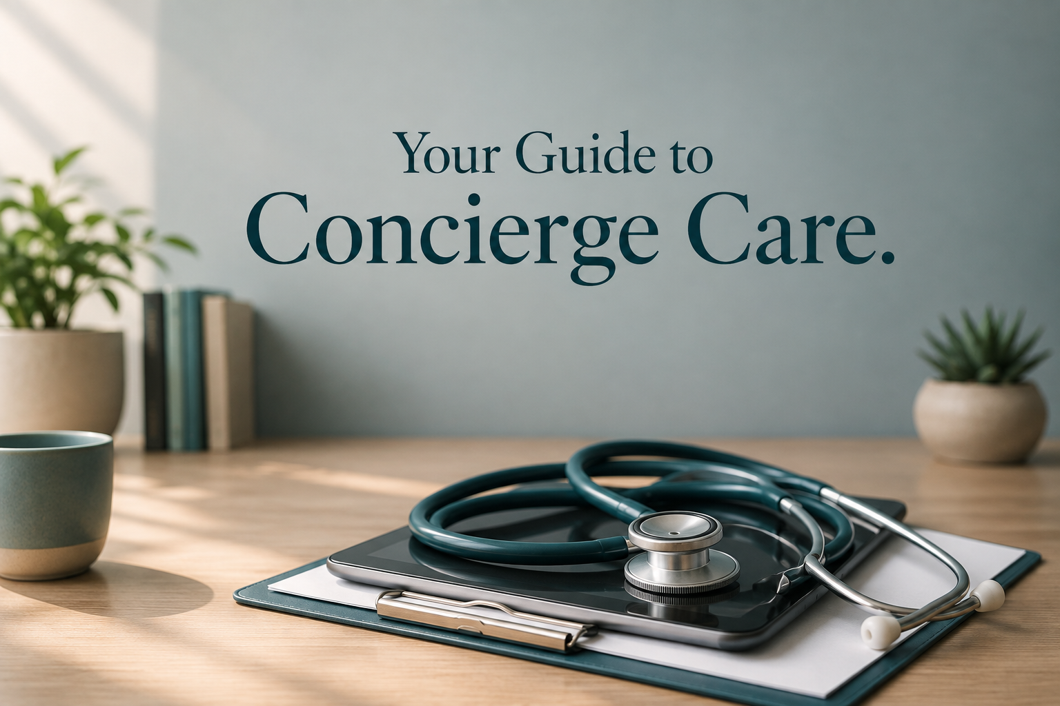 Stethoscope and clipboard on a desk representing concierge primary care in Miami Lakes