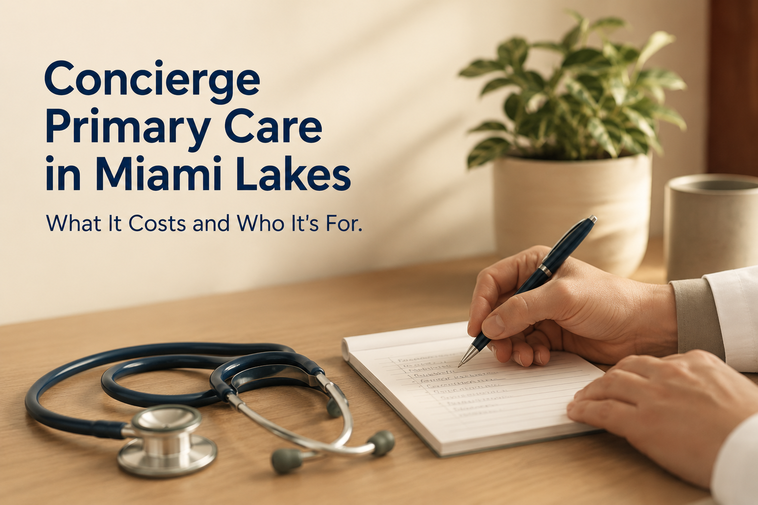 Concierge primary care consultation desk with stethoscope