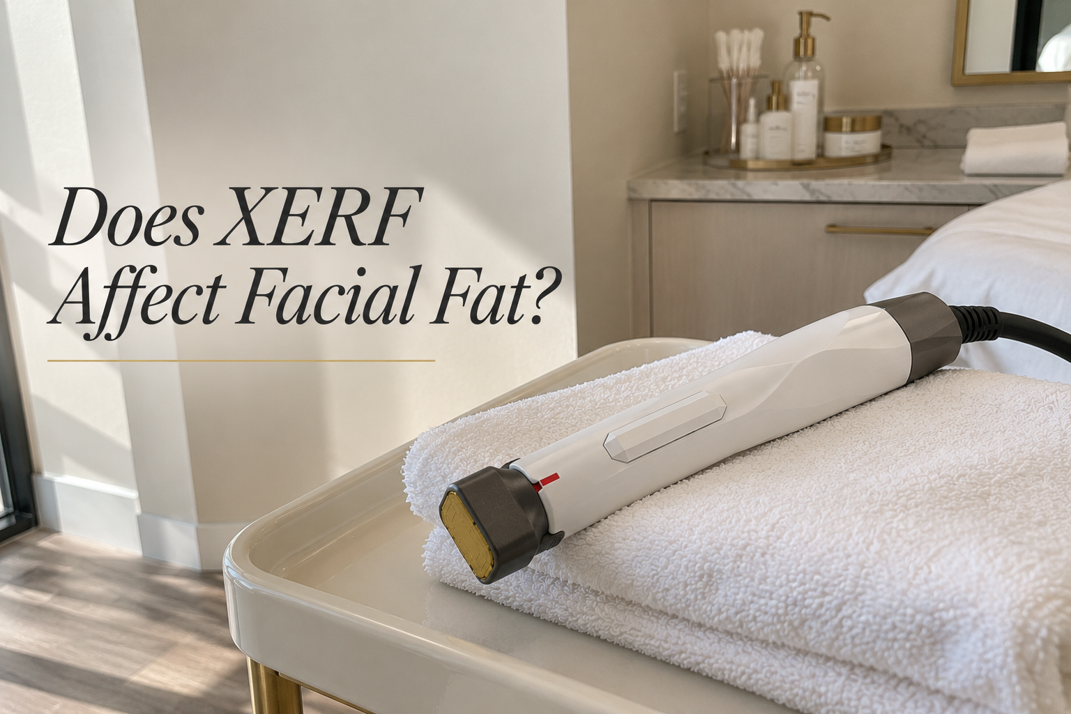 Radiofrequency handpiece on clean towel illustrating does XERF burn facial fat question