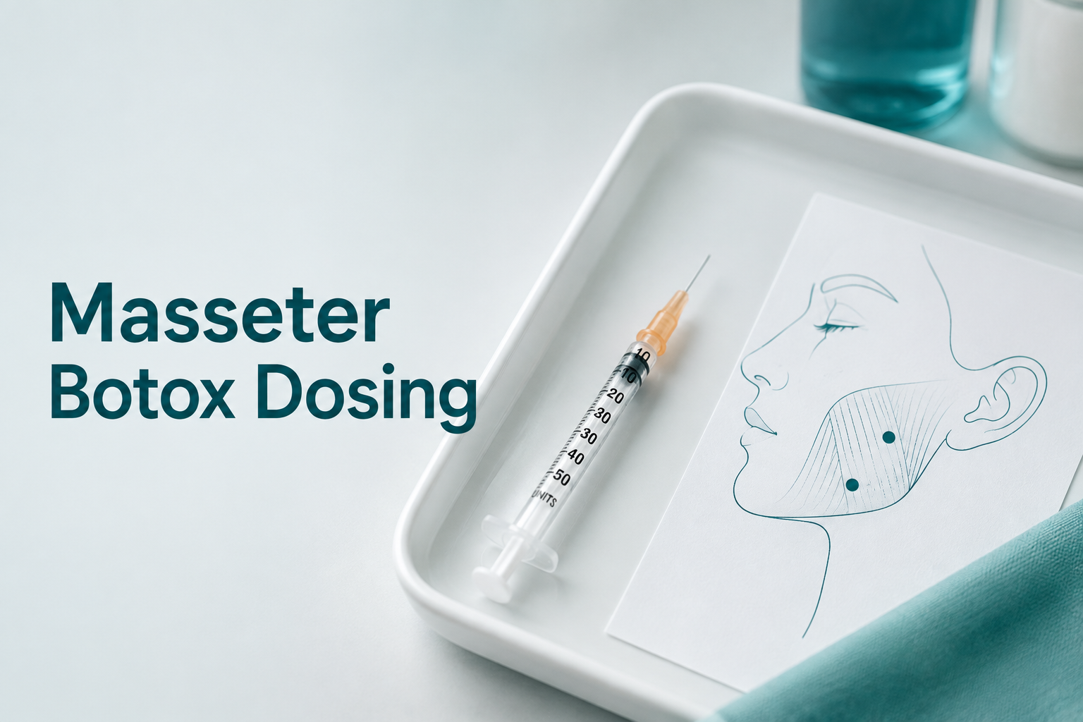 Botox syringe and facial diagram representing masseter dosing guide
