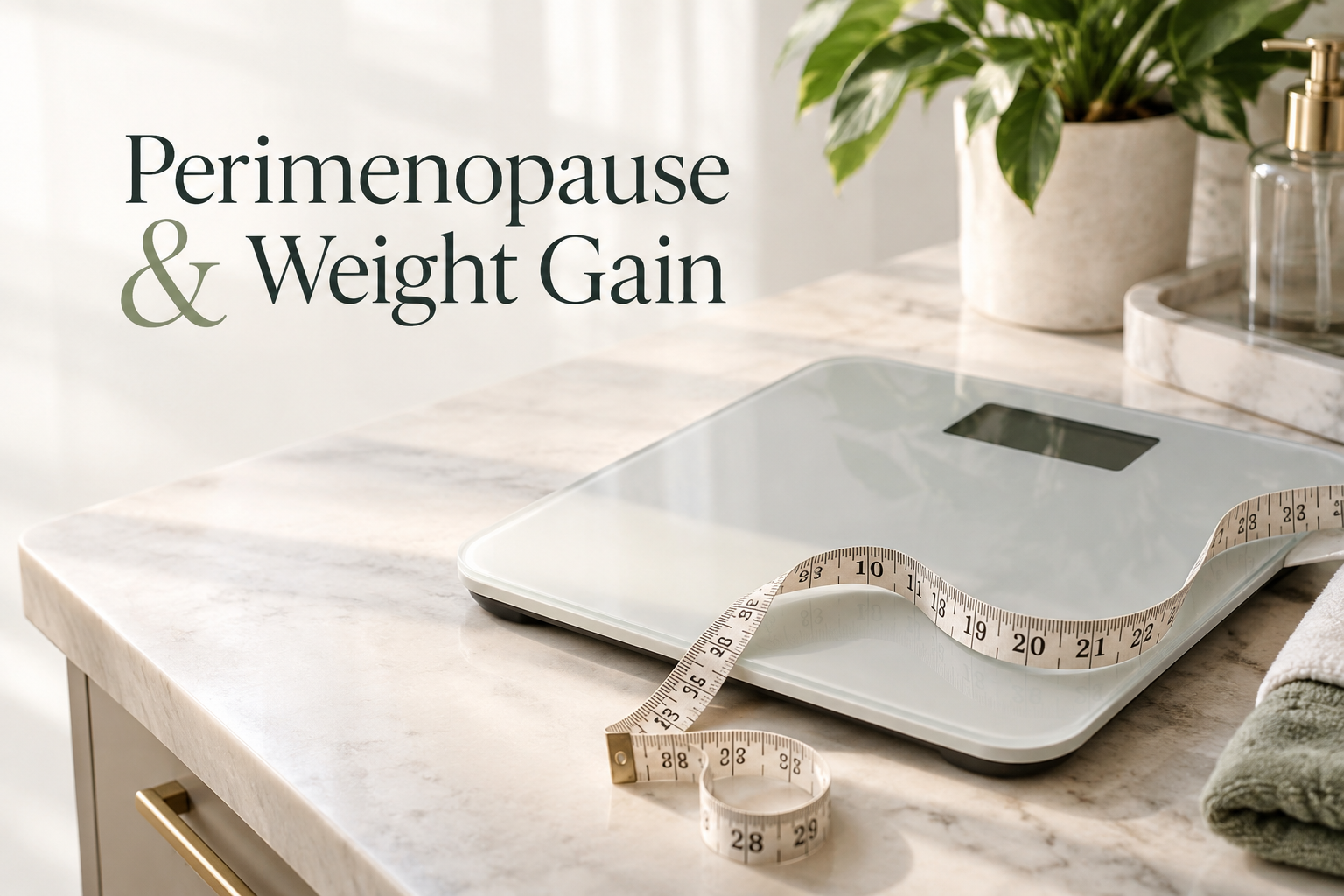 Scale and measuring tape representing perimenopause weight gain in Miami Lakes