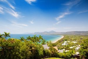 An Aerial View of a Tropical Beach With Palm Trees and Mountains in the Background — FNQ Hot Water In Port Douglas, QLD
