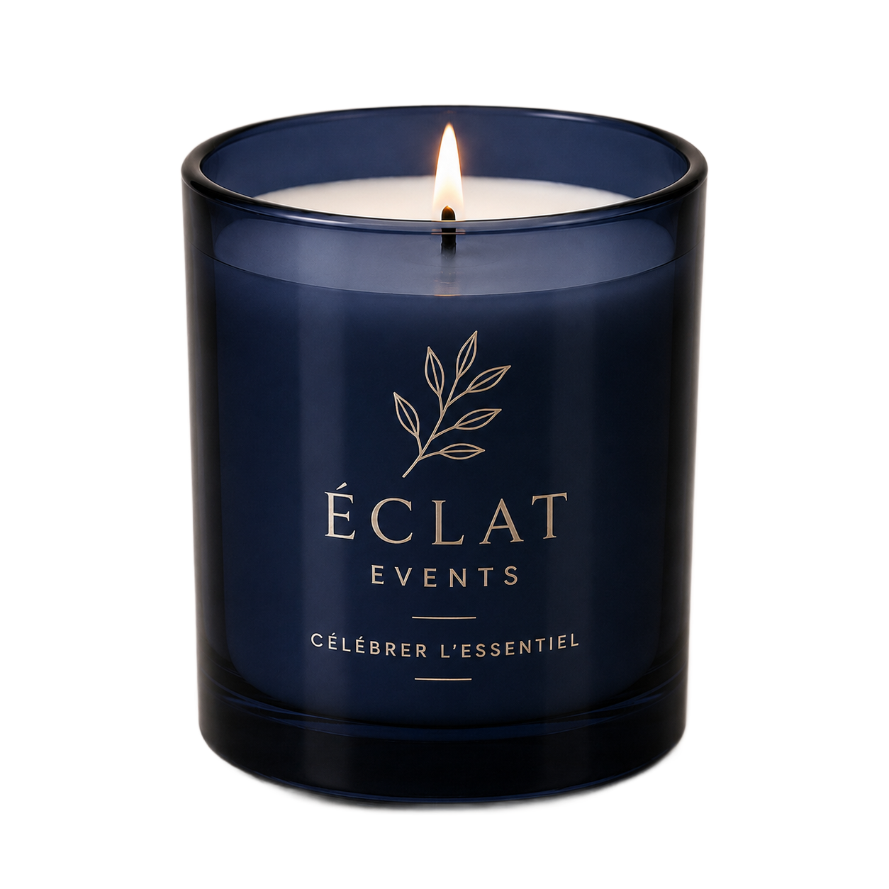 Bougie parfumée Éclat Events bleu marine allumée avec une petite flamme