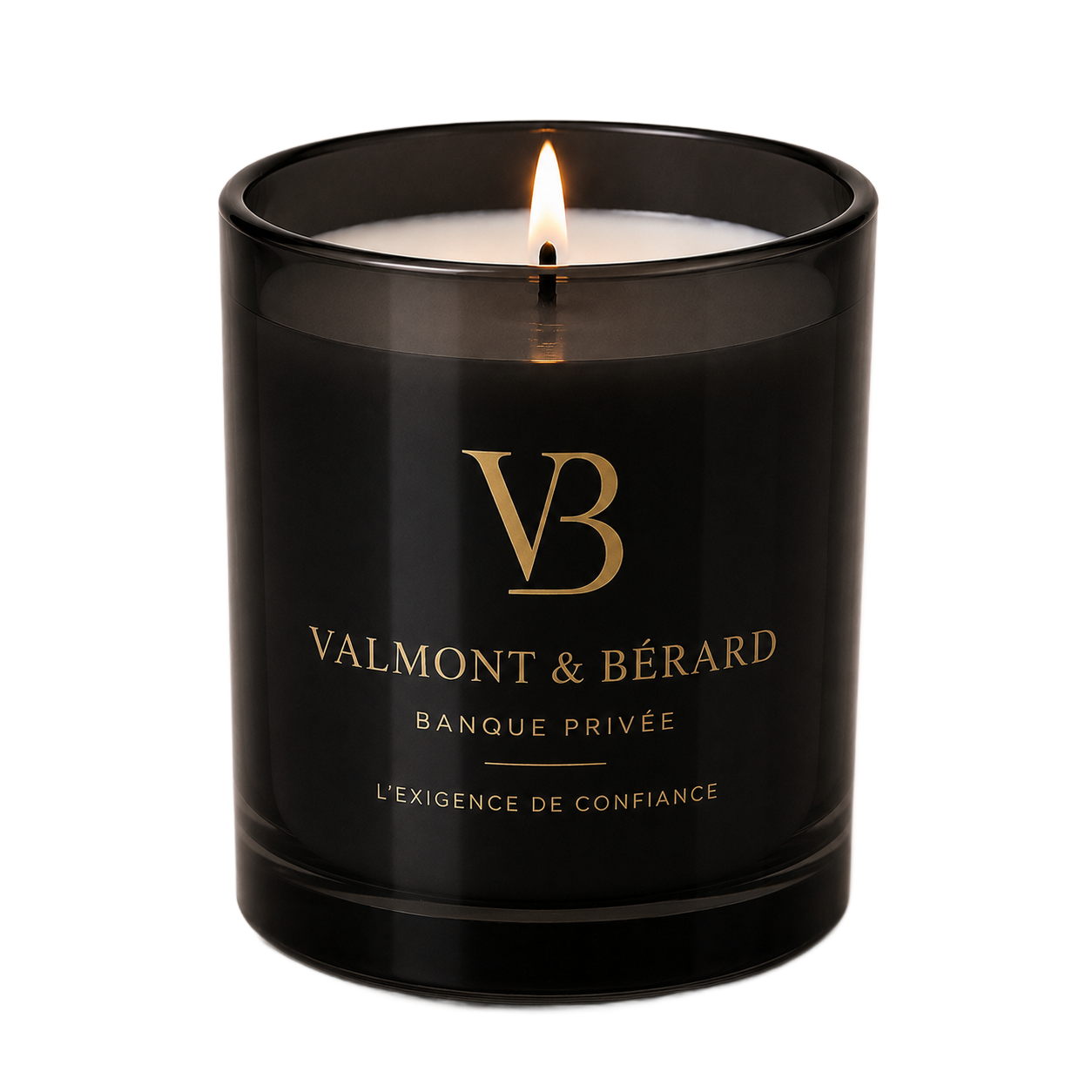 Bougie de luxe noire en pot de verre avec logo doré et flamme allumée
