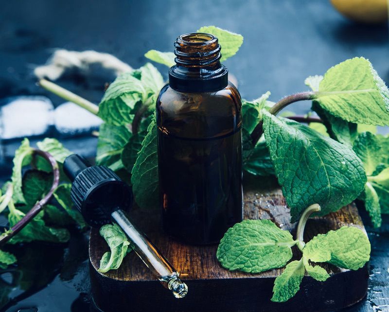 Flacon d'huile essentielle brun et compte-gouttes, entourés de feuilles de menthe verte fraîche.