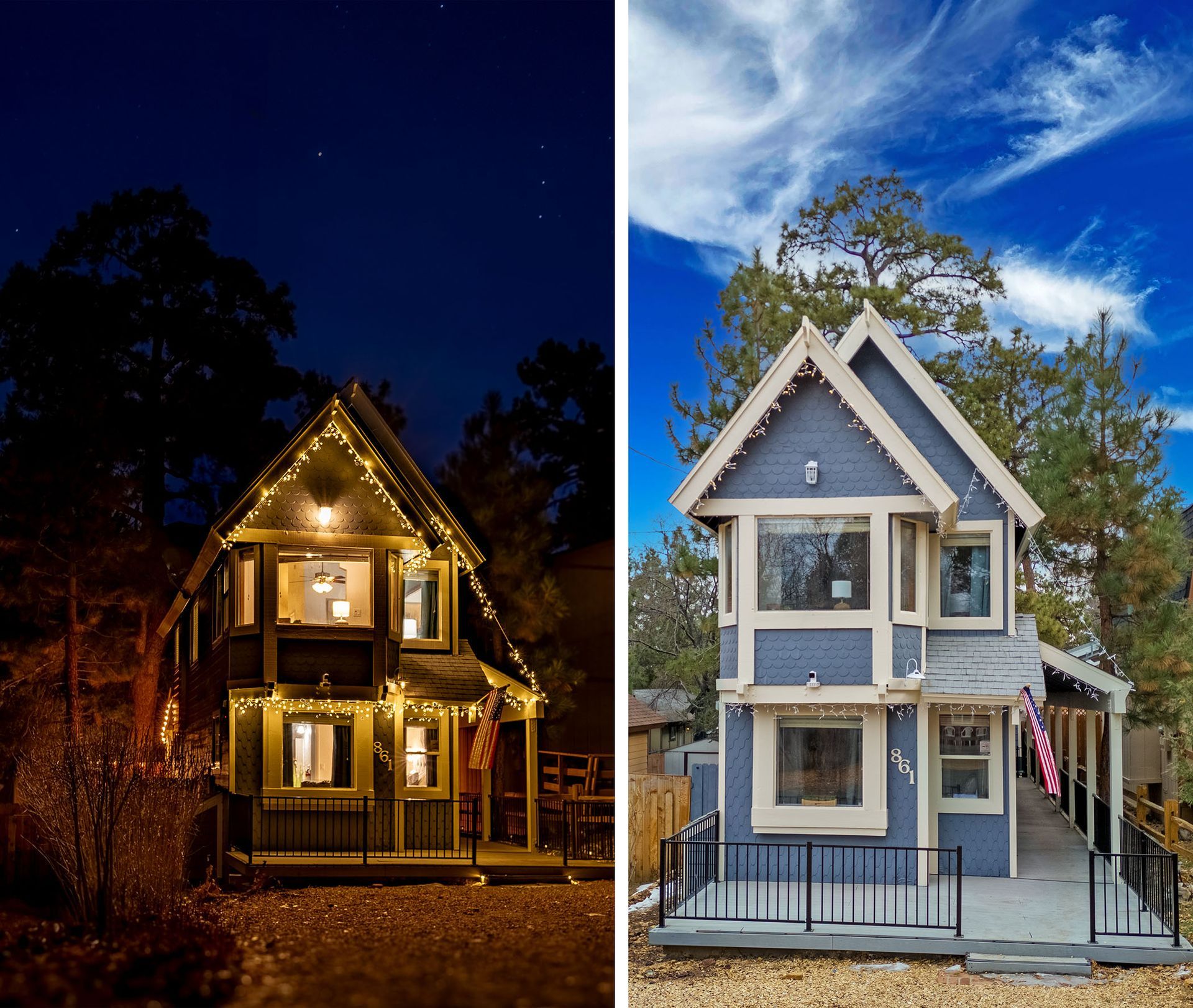 A picture of a house at night and a picture of a house at day.