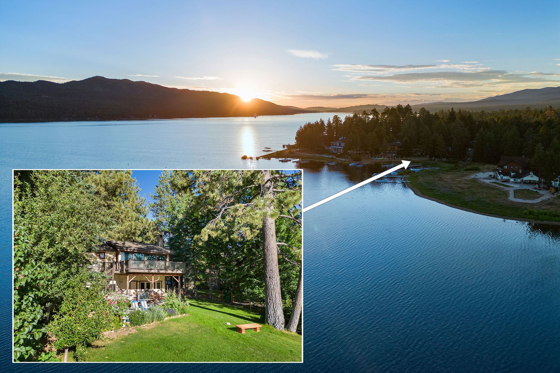 An aerial view of a house on the shore of a lake