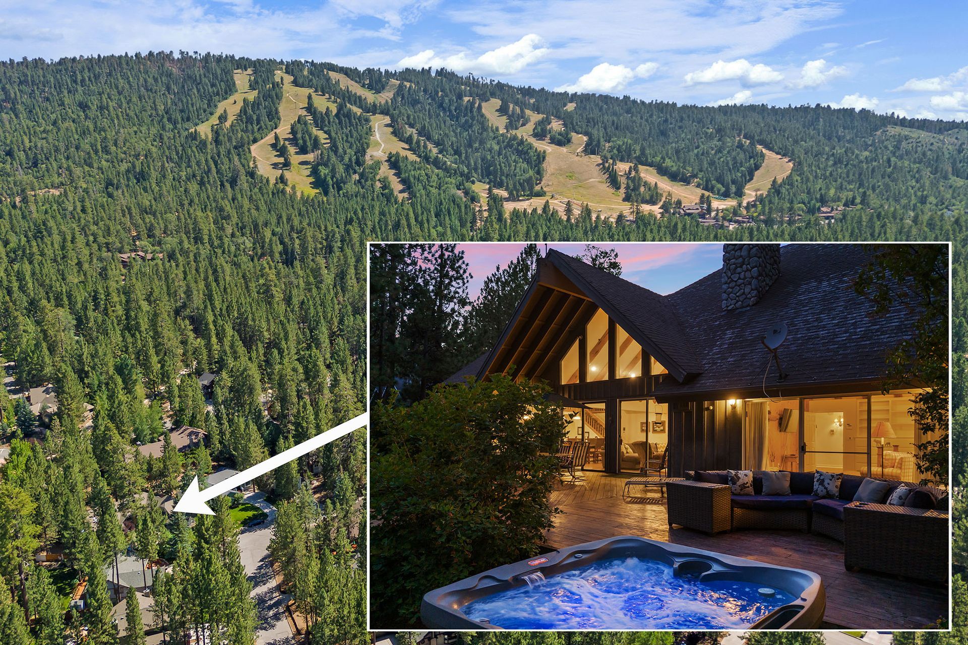 An aerial view of a house with a hot tub in front of it