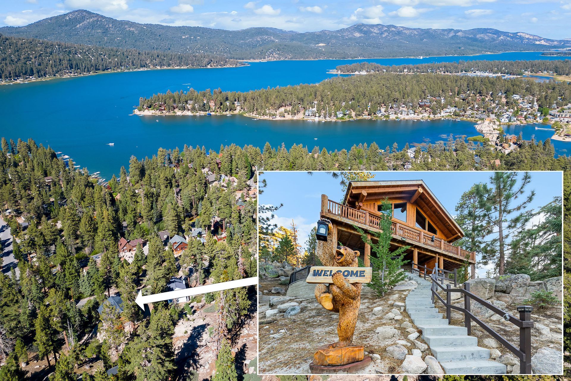 An aerial view of a lake with a house in the foreground