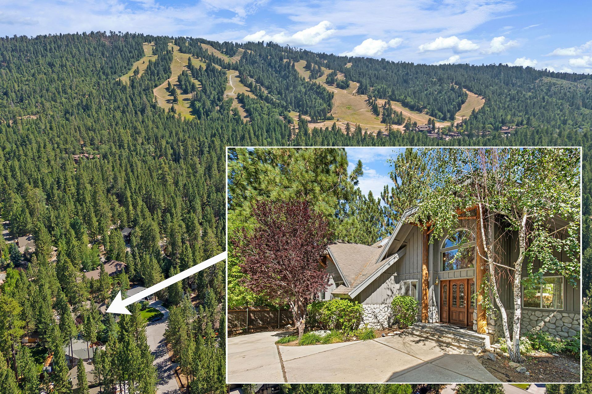 An aerial view of a house in the woods with a mountain in the background.
