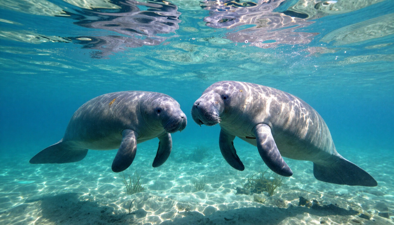 A gentle manatee floating in clear spring water near Crystal River.