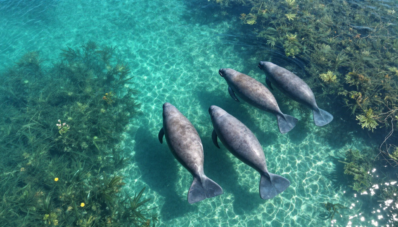 Manatees in a clear spring