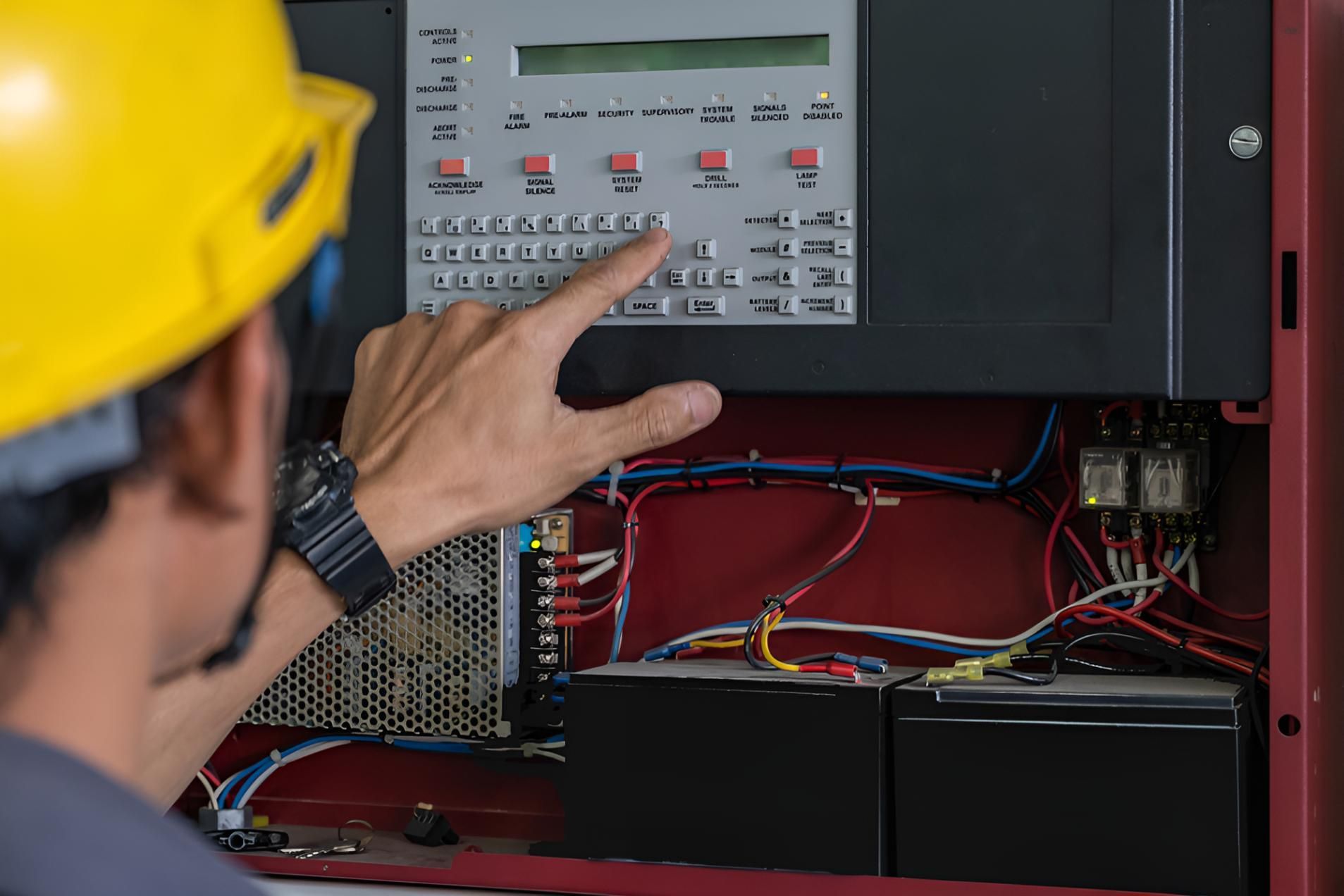A Man Wearing A Hard Hat Is Working On A Fire Alarm System — Keany's Electrical Service In North Nowra, NSW