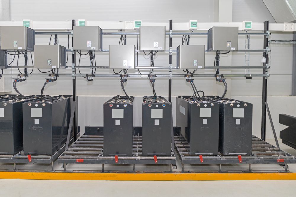 A Bunch Of Batteries Are Sitting On A Rack In A Room — Keany's Electrical Service In North Nowra, NSW