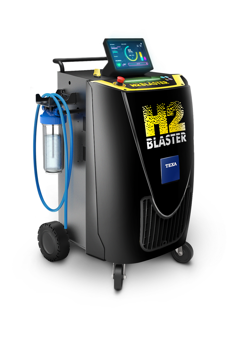 Macchina sparatutto H2 nera con schermo, tubi e ruote su sfondo bianco