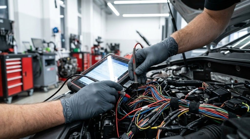 Un meccanico utilizza un tablet diagnostico sui cablaggi esposti di un'auto in un'officina meccanica.