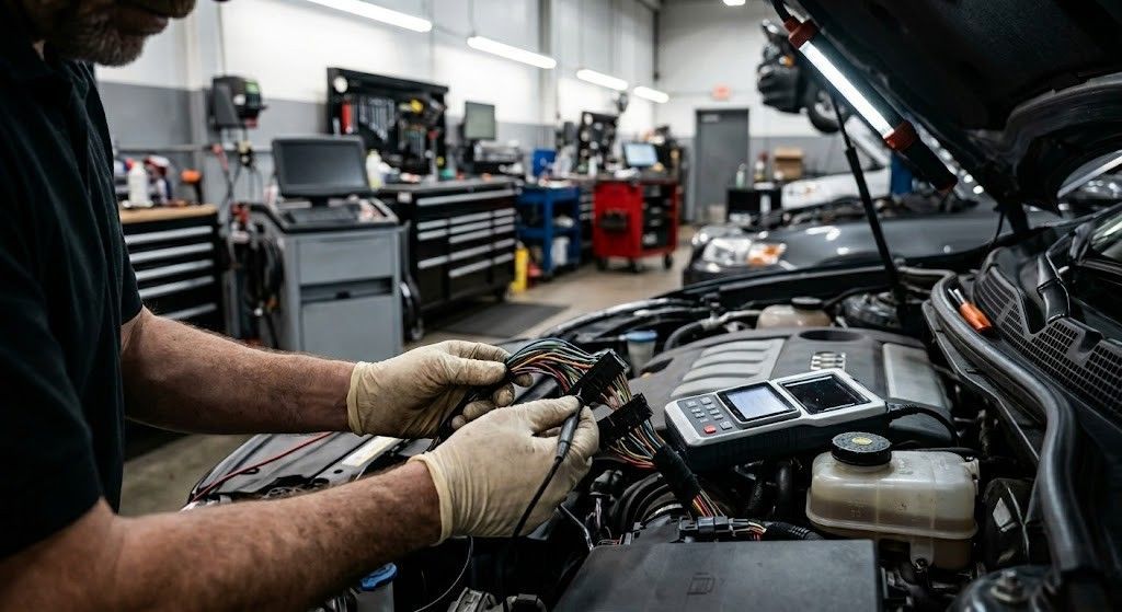 Un meccanico lavora sotto il cofano aperto di un'auto in un'officina, con attrezzi e attrezzature nelle vicinanze.